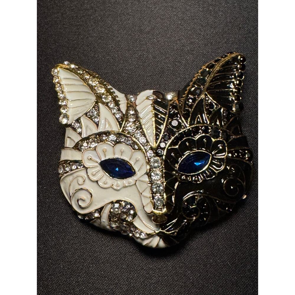 Large Enamel Rhinestone Blue Eyed Cat Brooch